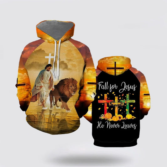 Jesus Walks With Lion Fall For Jesus He Never Leaves 3d Hoodies For Women Men - Christian Apparel Hoodies