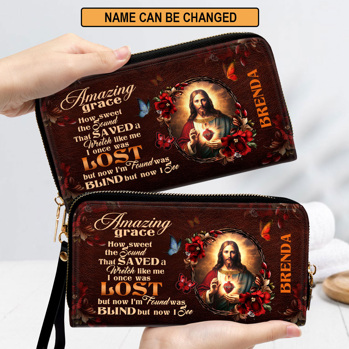 Jesus Amazing Grace Butterfly And Flowers Personalized Leather Clutch Purse - Christian Gifts For Religious Women