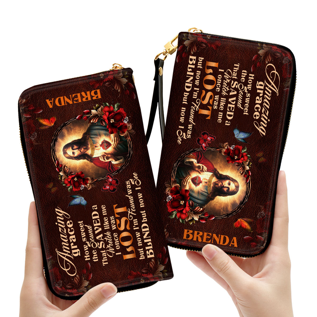 Jesus Amazing Grace Butterfly And Flowers Personalized Leather Clutch Purse - Christian Gifts For Religious Women