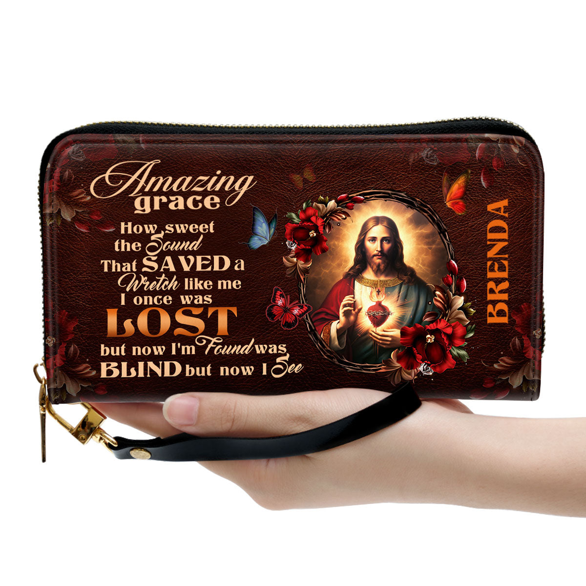 Jesus Amazing Grace Butterfly And Flowers Personalized Leather Clutch Purse - Christian Gifts For Religious Women