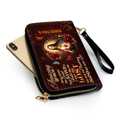 Jesus Amazing Grace Butterfly And Flowers Personalized Leather Clutch Purse - Christian Gifts For Religious Women