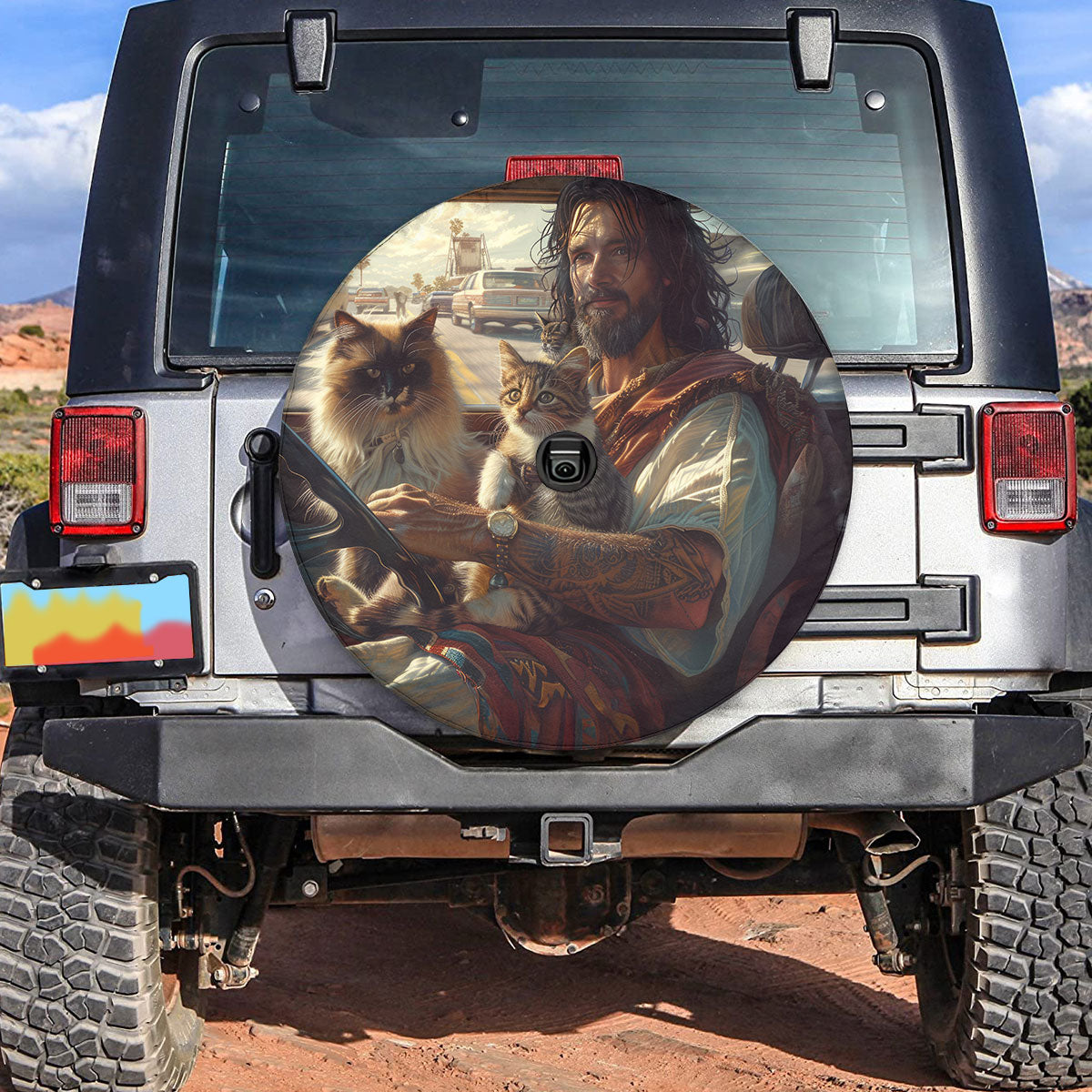 Jesus And Cats Spare Tire Cover - Christian Tire Cover