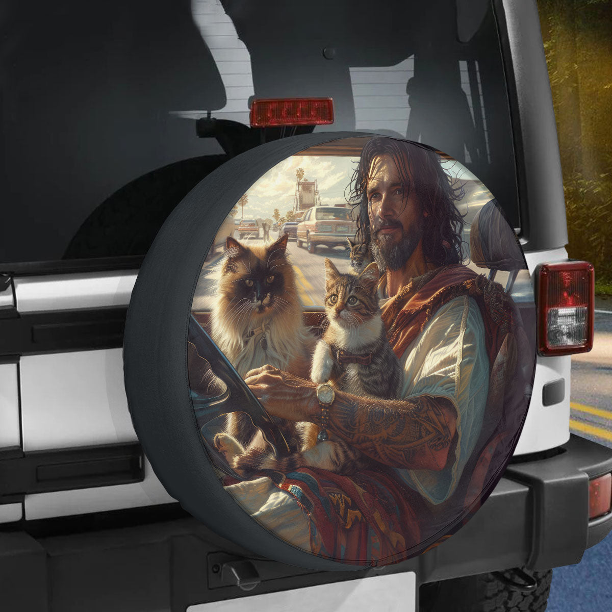 Jesus And Cats Spare Tire Cover - Christian Tire Cover