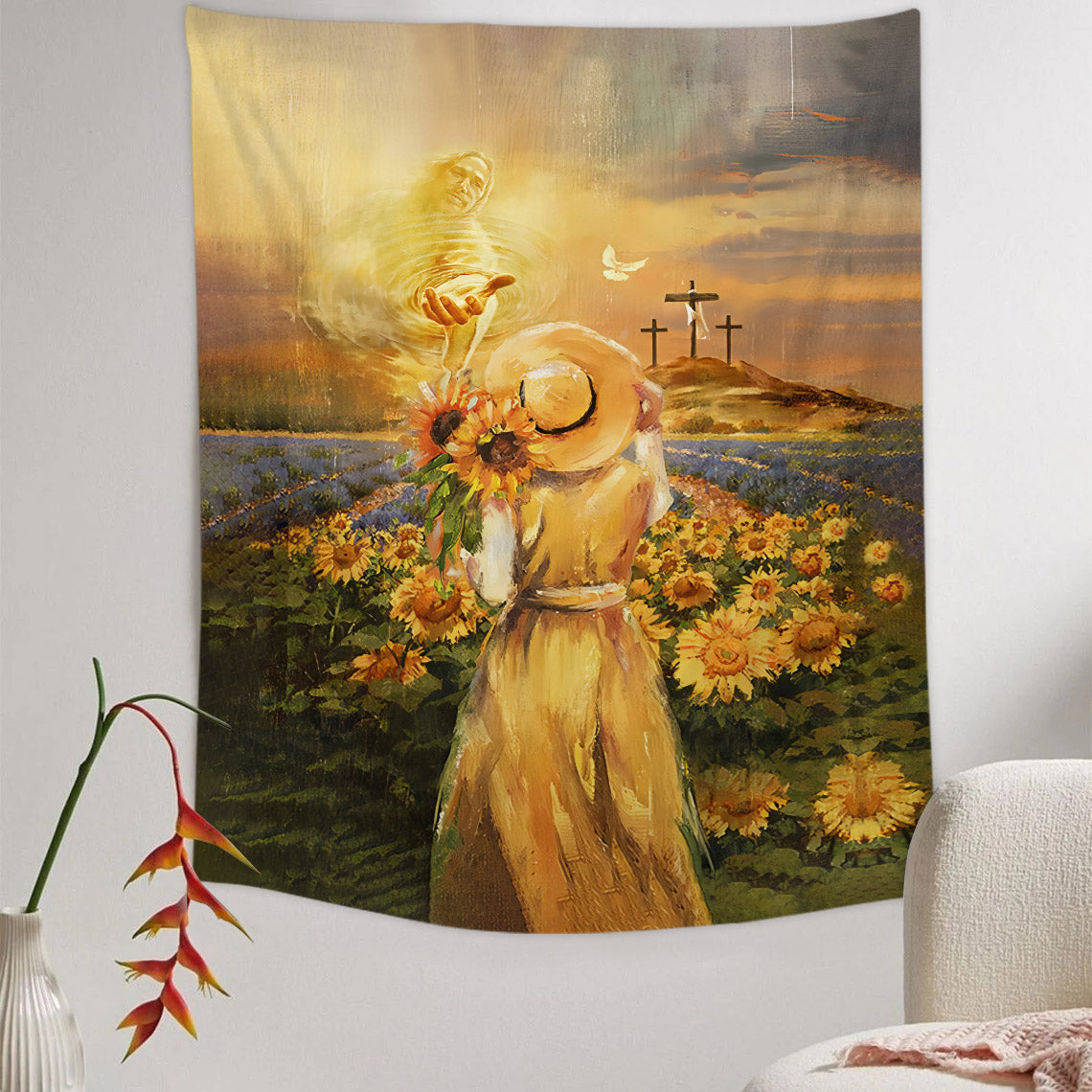 Jesus And Girl In The Sunflower Garden Tapestry - Christian Tapestry - Bible Verse Tapestry