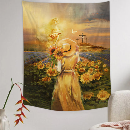 Jesus And Girl In The Sunflower Garden Tapestry - Christian Tapestry - Bible Verse Tapestry