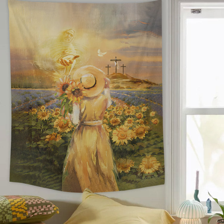 Jesus And Girl In The Sunflower Garden Tapestry - Christian Tapestry - Bible Verse Tapestry
