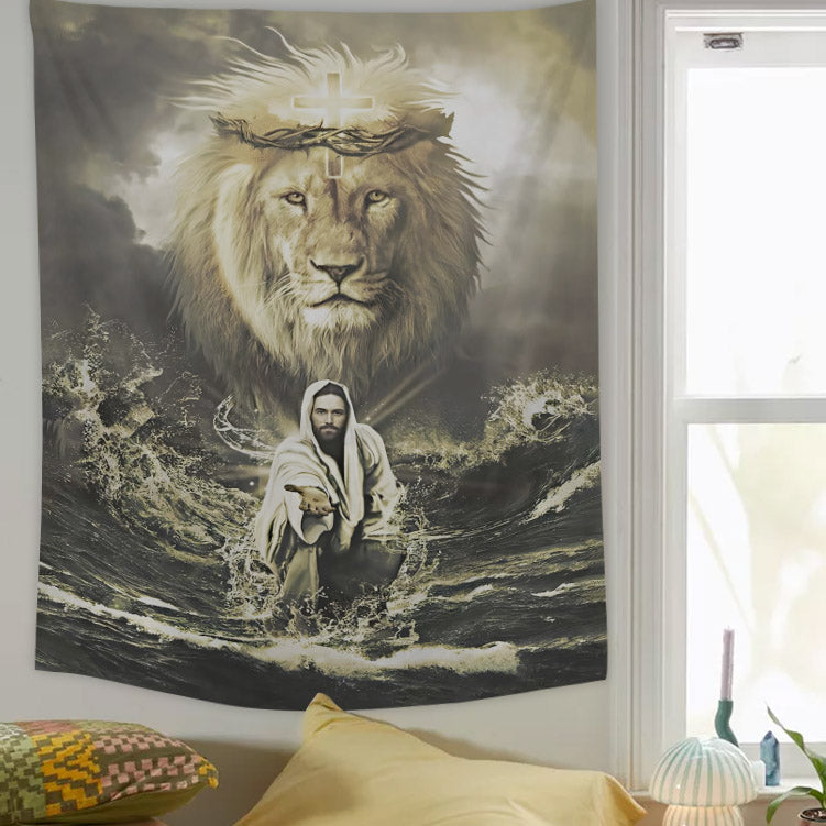 Jesus And Lion Of Judah Religious Tapestries - Christian Wall Tapestry Decor