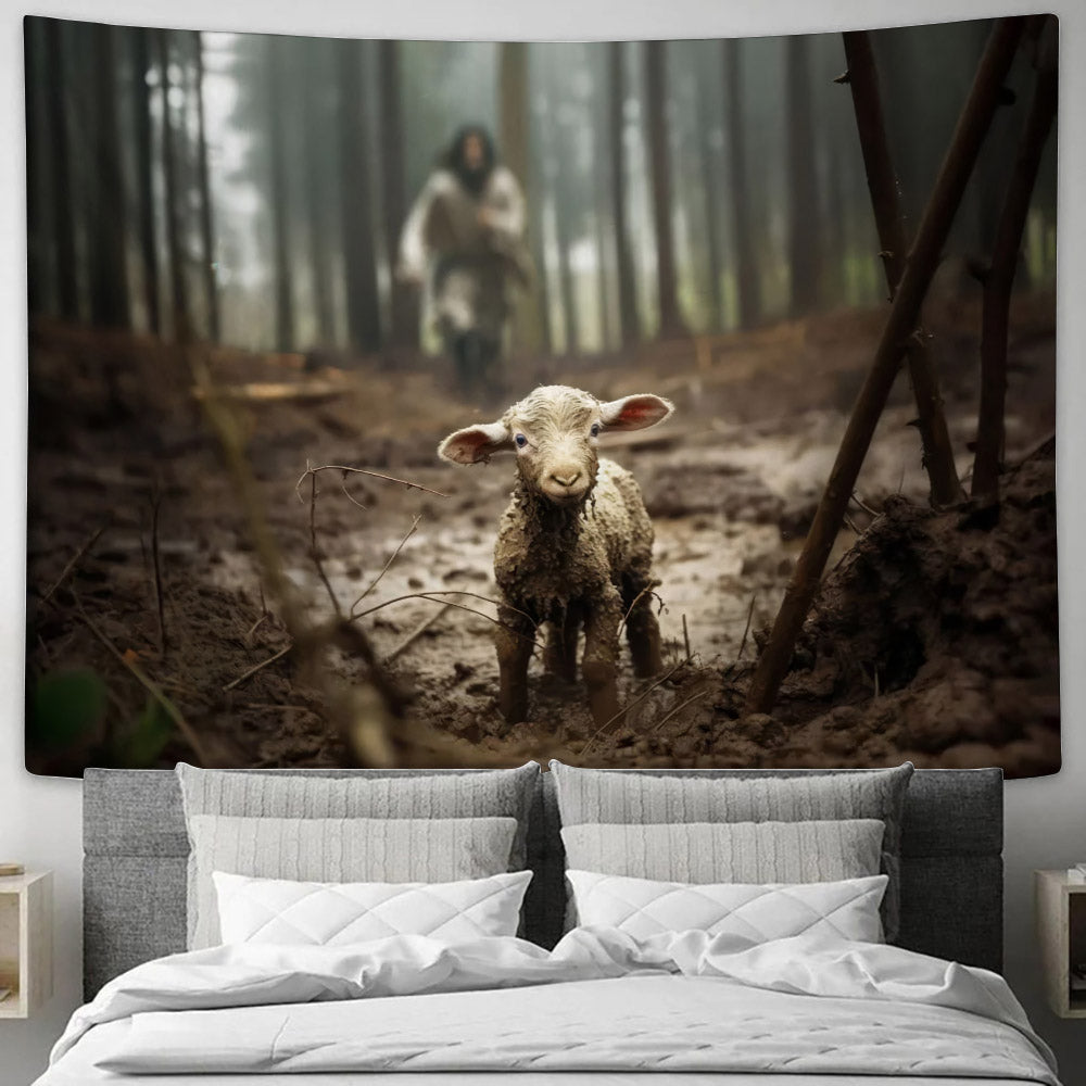 Jesus And The Lost Lamb Tapestry - Christian Tapestries - Wall Tapestry Bible Verse