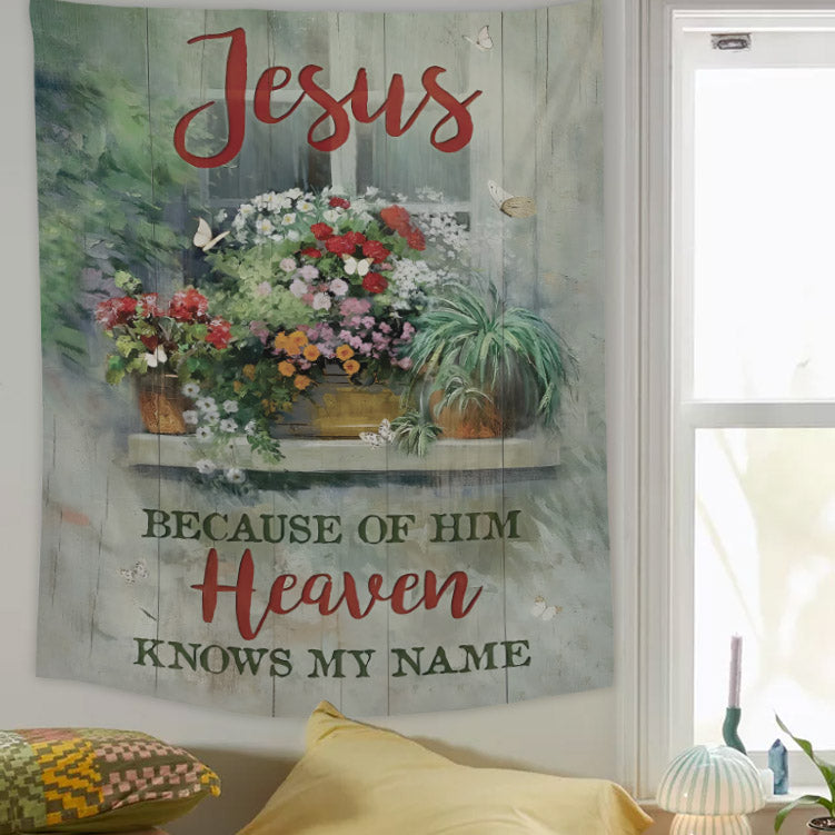 Jesus Baby Flower Butterfly Because Of Him Tapestry - Christian Tapestry - Bible Verse Tapestry