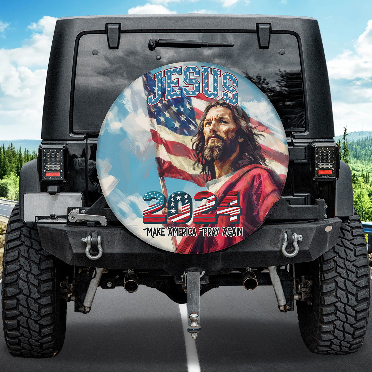 Jesus Christ 2024 God American Flag Tire Cover - Christian Tire Cover