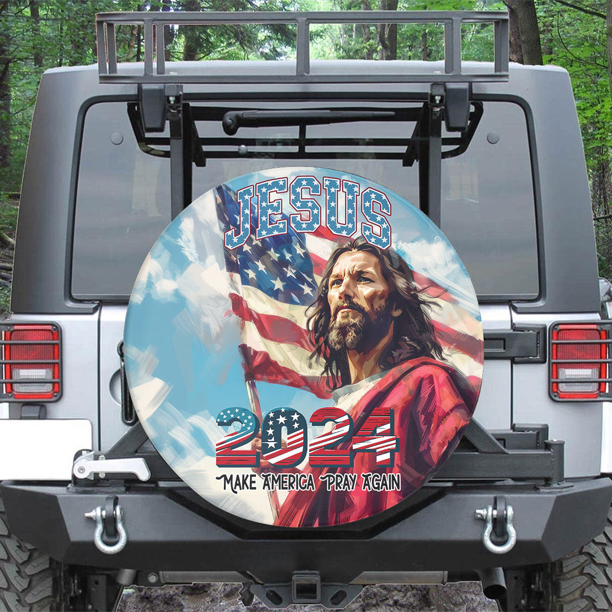 Jesus Christ 2024 God American Flag Tire Cover - Christian Tire Cover