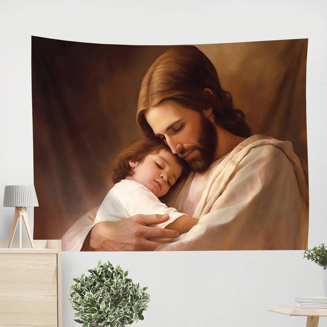 Jesus Christ Hugging Baby Tapestry - Bible Verse Tapestry
