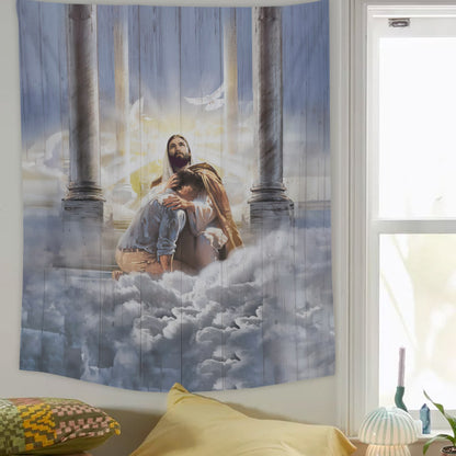 Jesus Christ Hugging Man Tapestry - Christian Tapestry - Bible Verse Tapestry