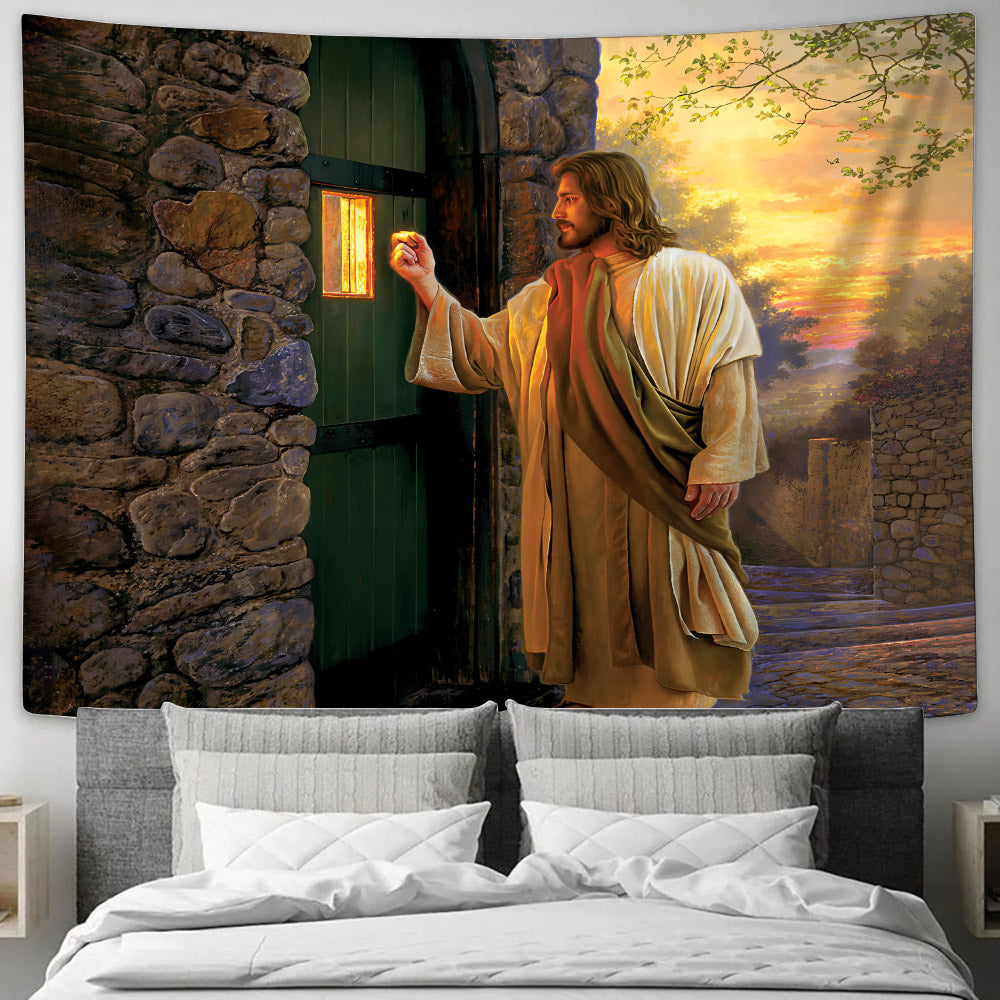 Jesus Christ Knock The Door Tapestry - Christian Tapestry Wall Hanging