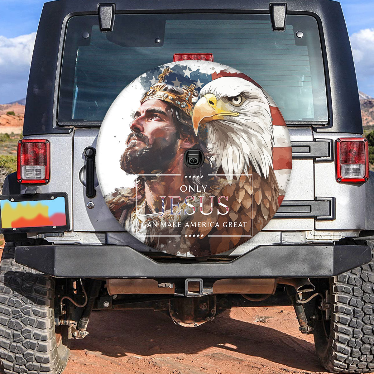 Jesus Christ Usa Flag Eagle Spare Tire Cover - Christian Tire Cover