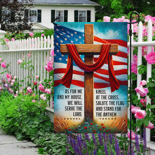 Jesus Cross American Flag As For Me And My House We Will Serve The Lord Flag - Religious House Flags