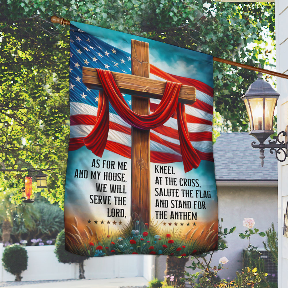 Jesus Cross American Flag As For Me And My House We Will Serve The Lord Flag - Religious House Flags