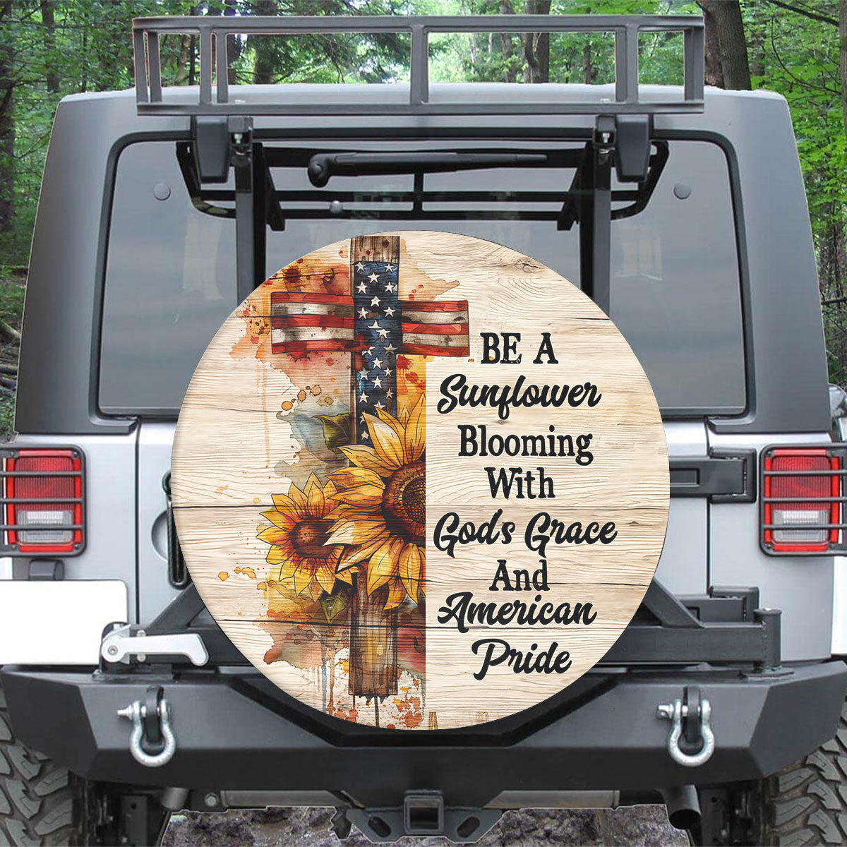 Jesus Cross Sunflower  Blooming With God's Grace Spare Tire Cover - Christian Tire Cover
