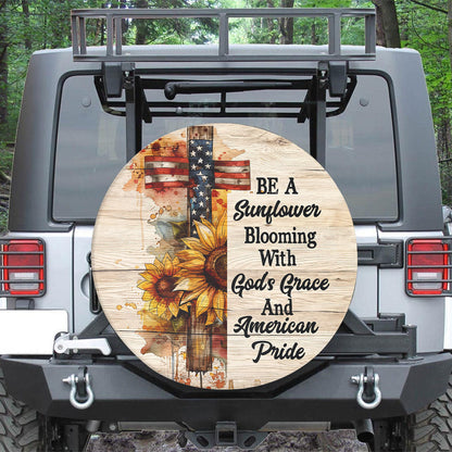 Jesus Cross Sunflower  Blooming With God's Grace Spare Tire Cover - Christian Tire Cover