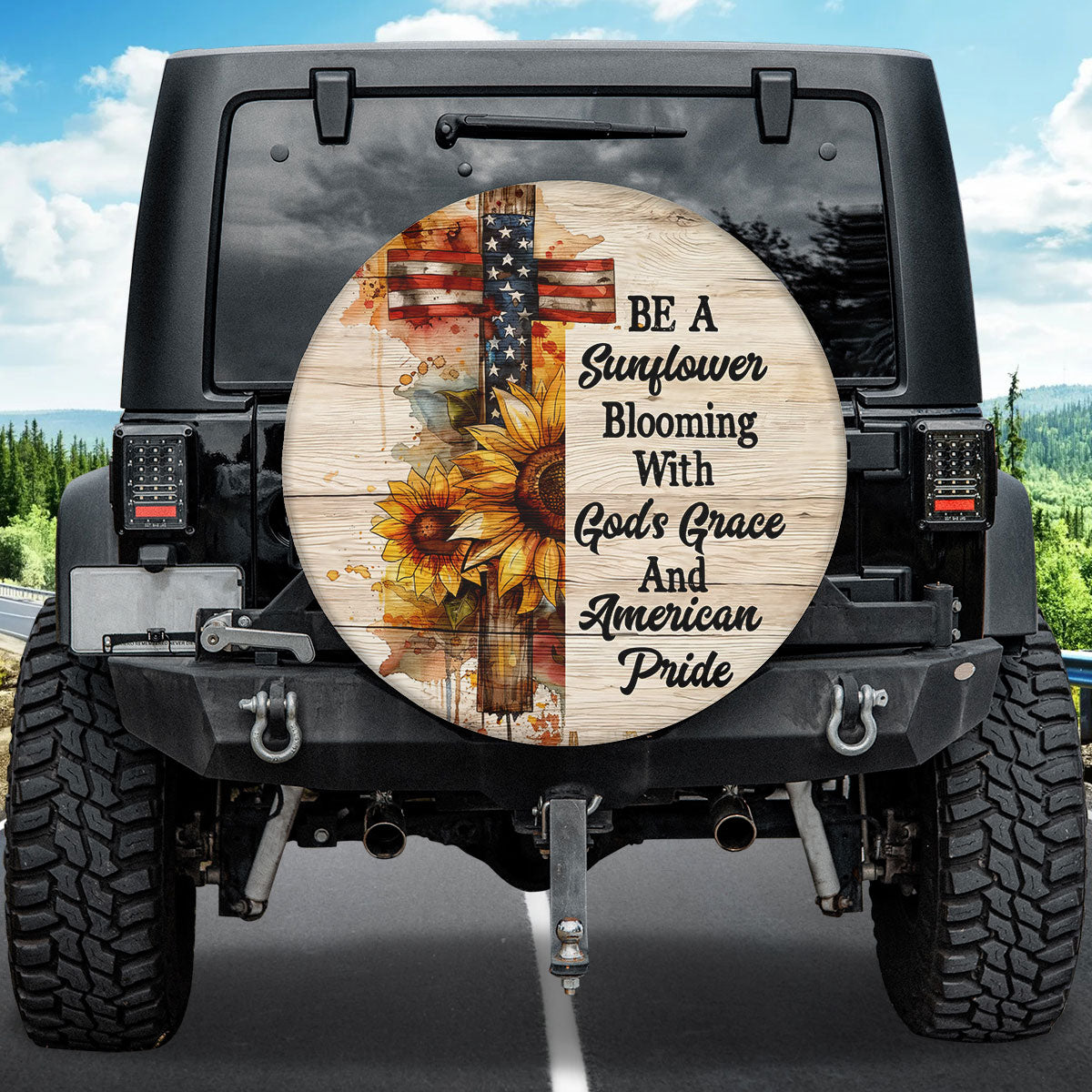 Jesus Cross Sunflower  Blooming With God's Grace Spare Tire Cover - Christian Tire Cover