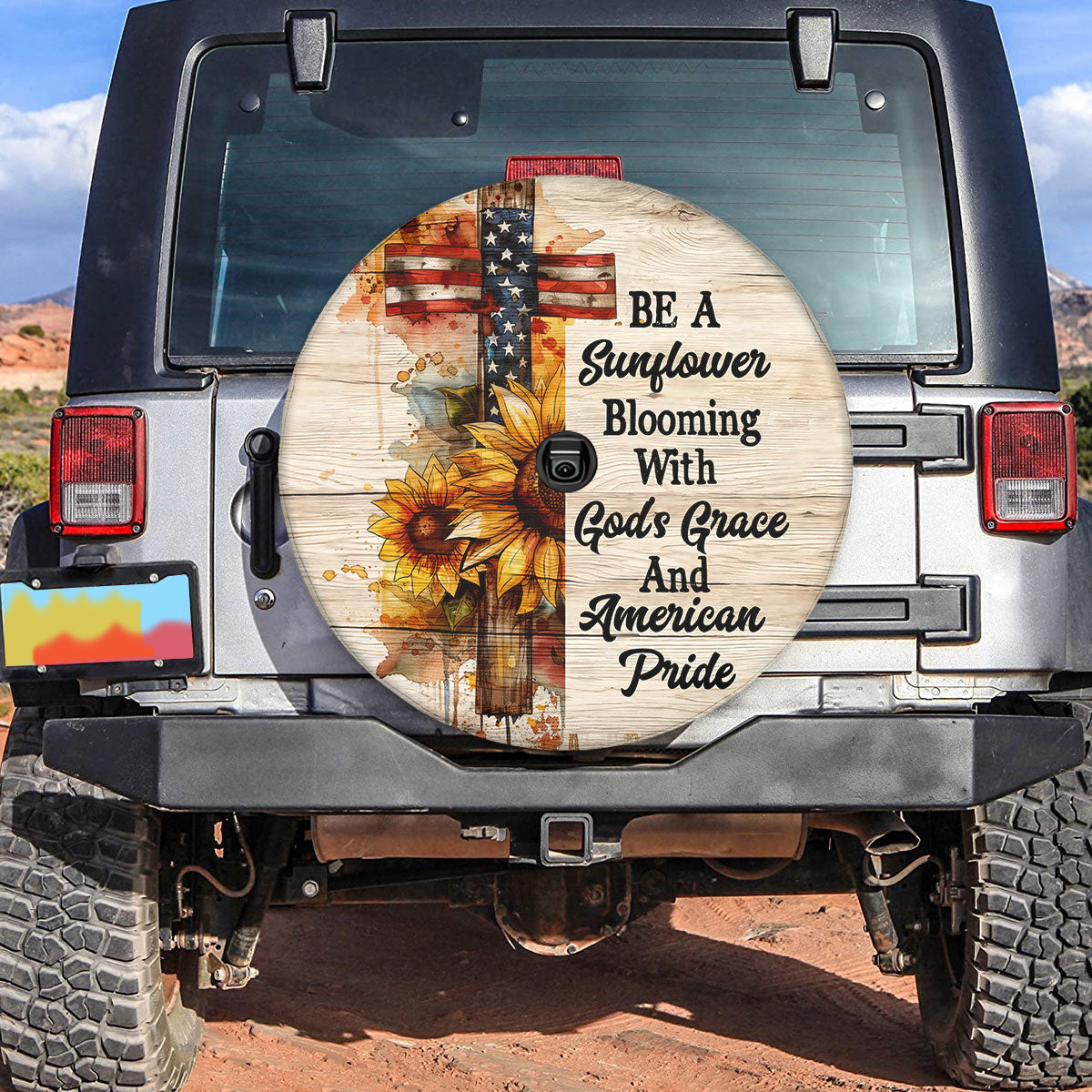 Jesus Cross Sunflower  Blooming With God's Grace Spare Tire Cover - Christian Tire Cover