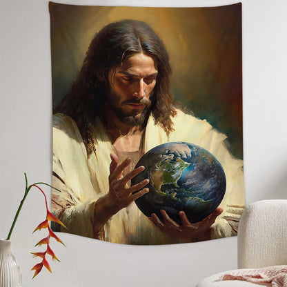 Jesus Holding The Earth Religious Tapestries - Christian Wall Tapestry Decor