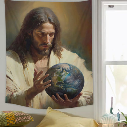 Jesus Holding The Earth Religious Tapestries - Christian Wall Tapestry Decor