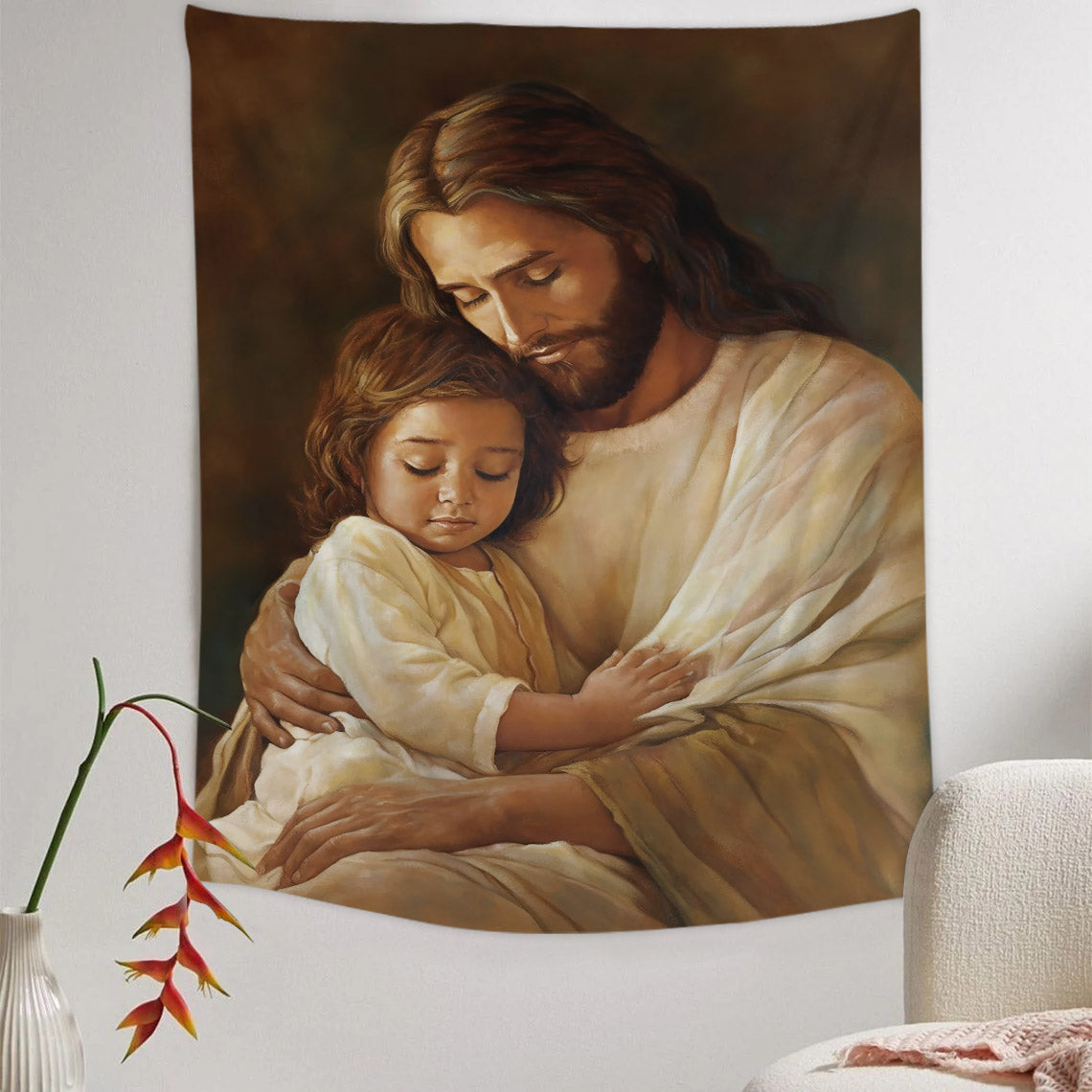Jesus Hug A Girl Religious Tapestries - Christian Wall Tapestry Decor