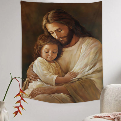 Jesus Hug A Girl Religious Tapestries - Christian Wall Tapestry Decor