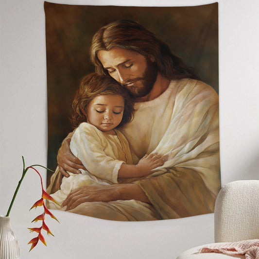 Jesus Hug A Girl Religious Tapestries - Christian Wall Tapestry Decor