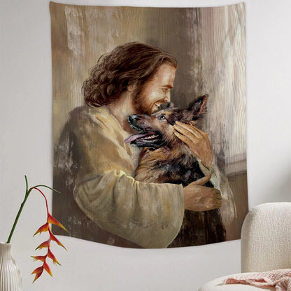 Jesus Hug Dog Tapestry - Christian Tapestry - Bible Verse Tapestry