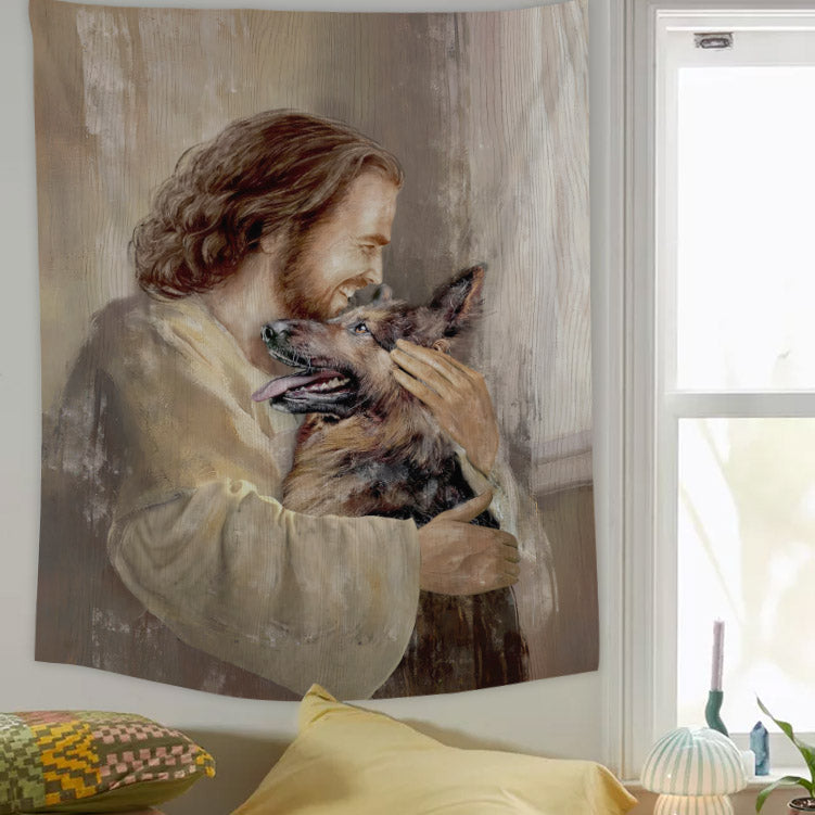 Jesus Hug Dog Tapestry - Christian Tapestry - Bible Verse Tapestry