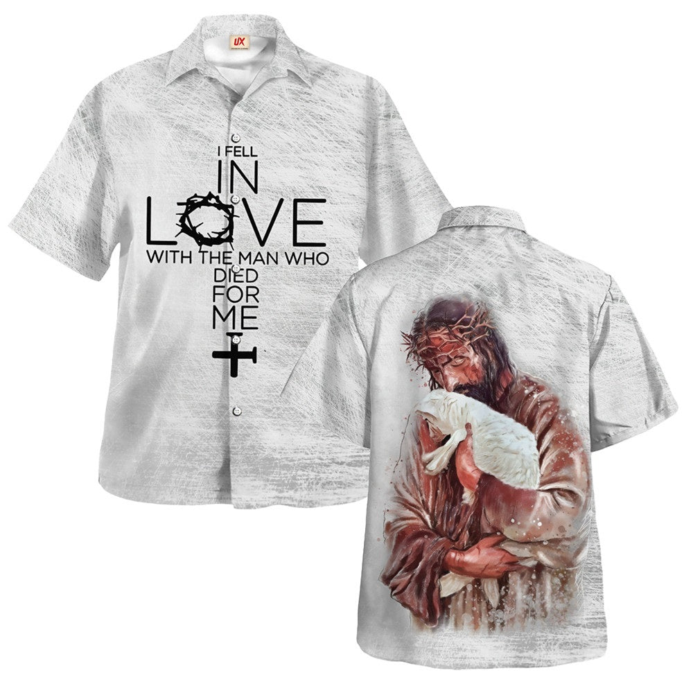 Jesus Hug Lamb I Fell In Love With The Man Hawaiian Shirt For Men and Women - Faith inspired Hawaiian shirt