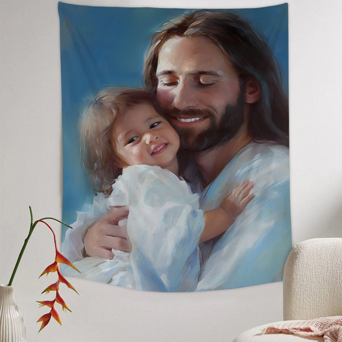 Jesus Is Holding A Child In His Arms With A Warm Smile On His Face Tapestries - Christian Wall Tapestry Decor