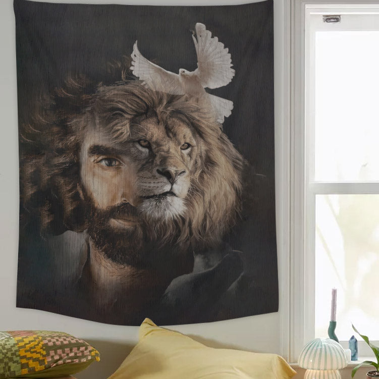 Jesus Lion And Dove Tapestry - Christian Tapestry - Bible Verse Tapestry