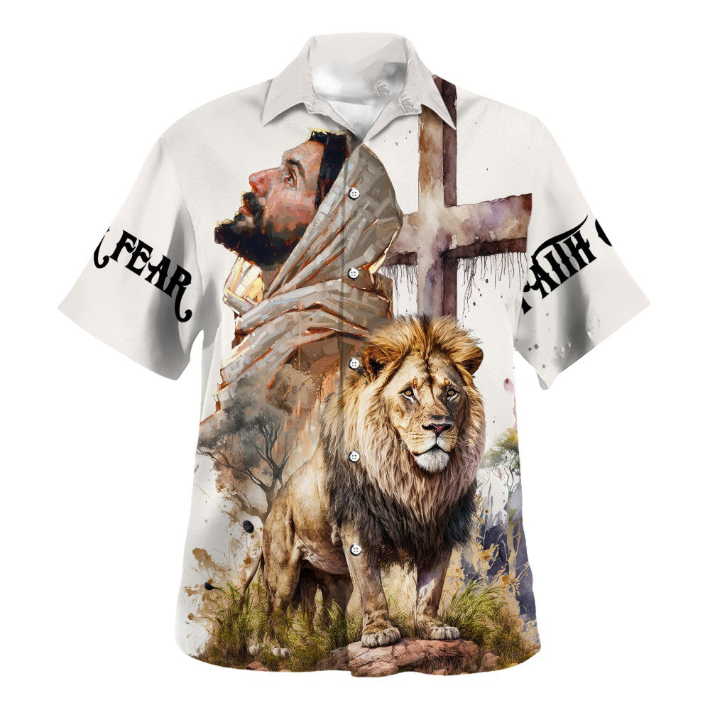 Jesus Lion Of Judah Faith Over Fear Hawaiian Shirt For Men And Women - Holy Family Hawaiian Shirt