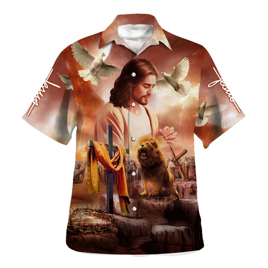 Jesus Prays Cross Lion Dove Hawaiian Shirt For Men And Women - Holy Family Hawaiian Shirt