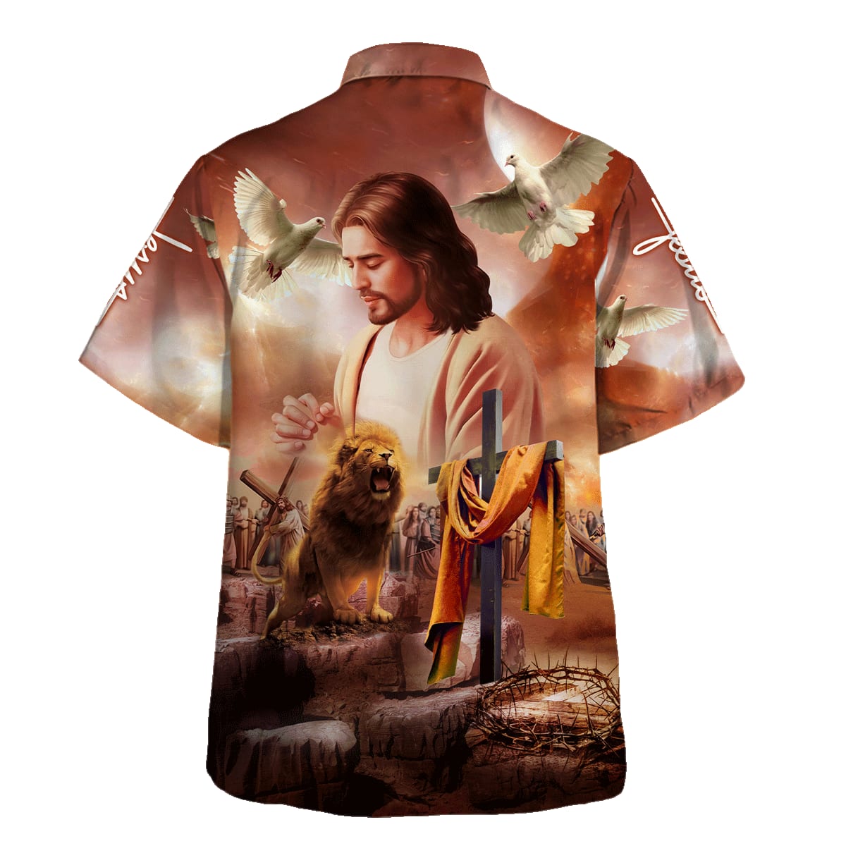 Jesus Prays Cross Lion Dove Hawaiian Shirt For Men And Women - Holy Family Hawaiian Shirt