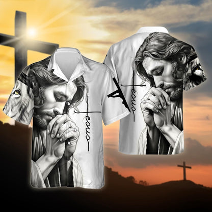 Jesus Prays Lion Christian Hawaiian Shirt - Hawaiian Beach Shirts for Men Women