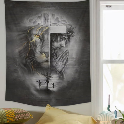 Jesus Prays Lion Tapestry - Christian Tapestry - Bible Verse Tapestry