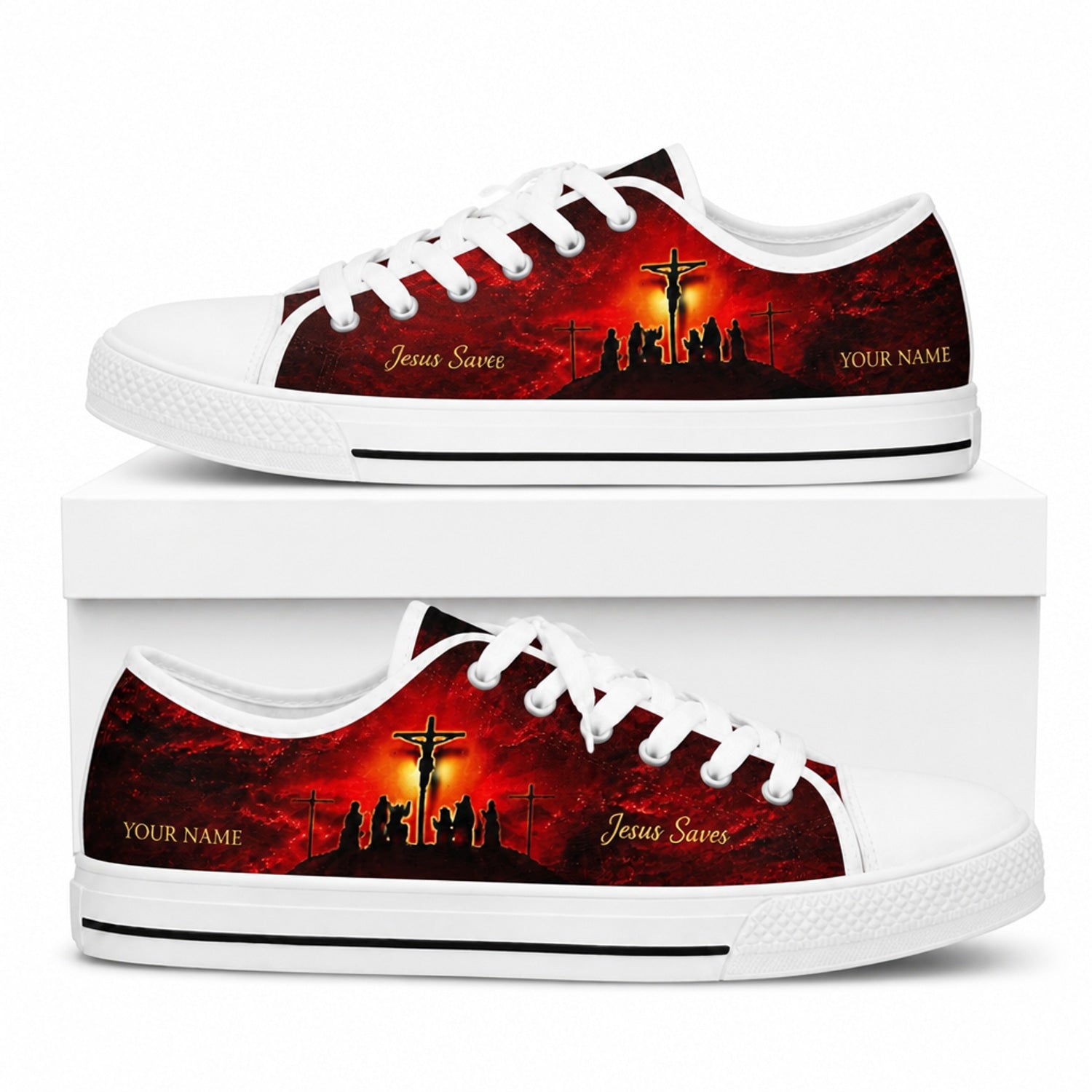 Jesus Saves Crucifixion Classic Personalized Low Top Shoes box white    