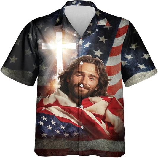 Jesus Smile With America Flag Christian Hawaiian Shirt - Hawaiian Beach Shirts for Men Women
