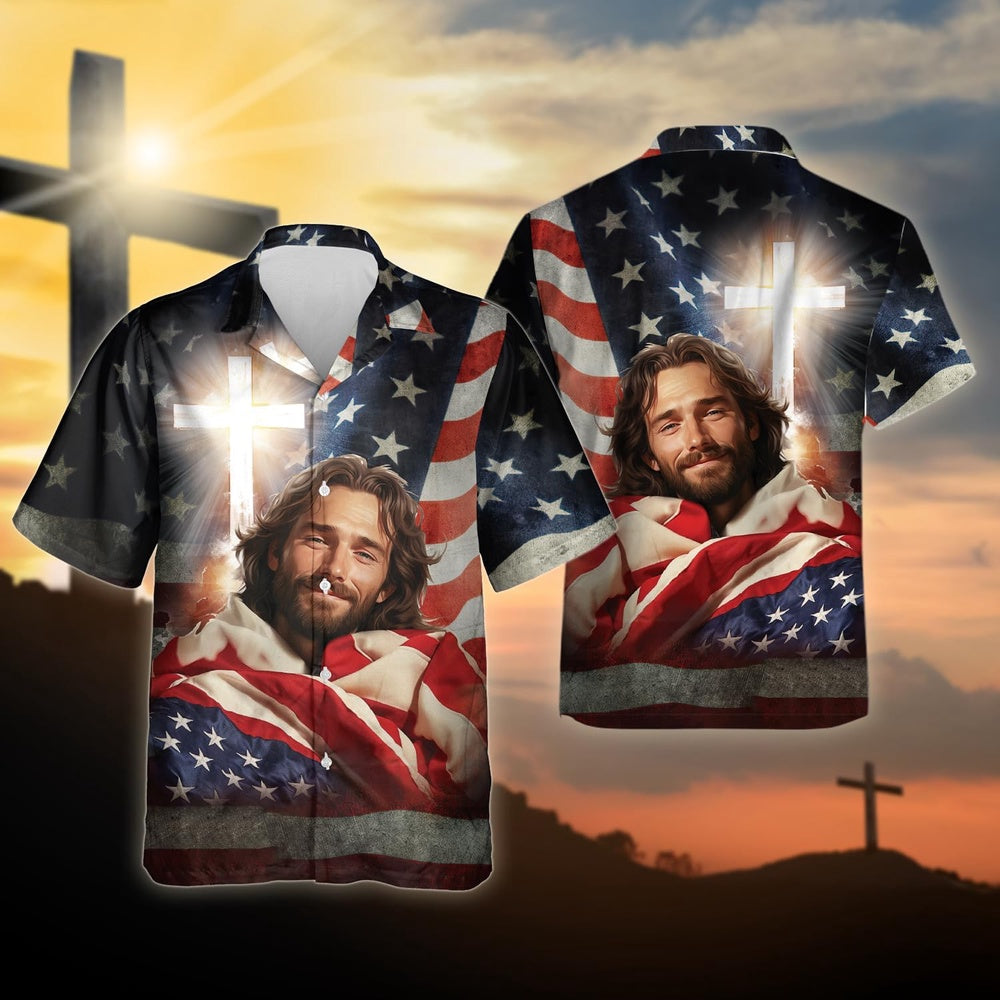 Jesus Smile With America Flag Christian Hawaiian Shirt - Hawaiian Beach Shirts for Men Women
