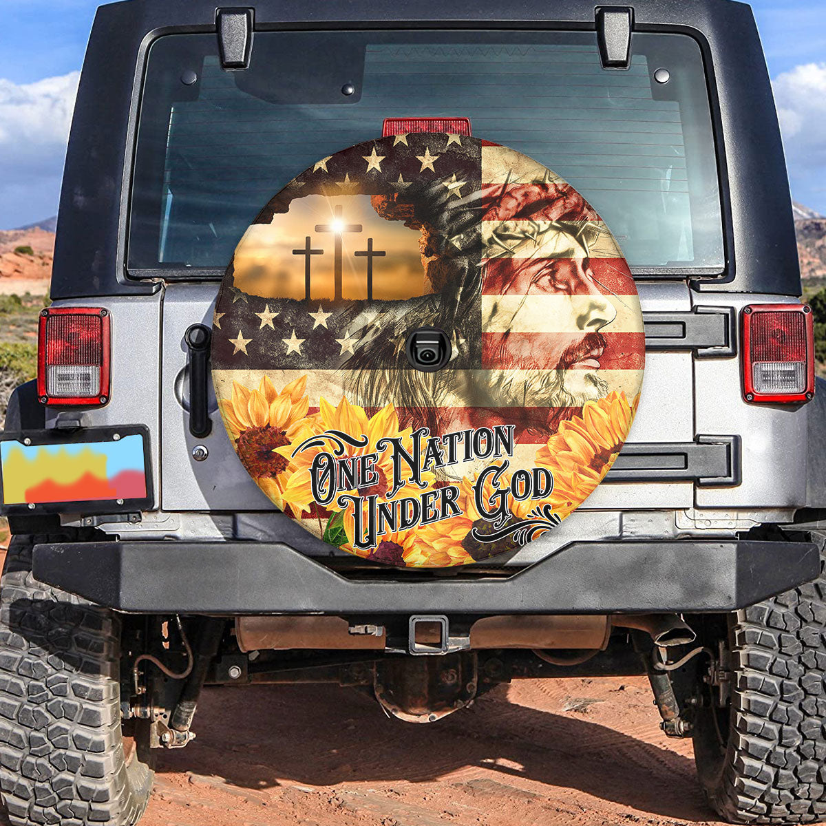 Jesus Sunflower One Nation Under God Usa Flag Spare Tire Cover - Christian Tire Cover
