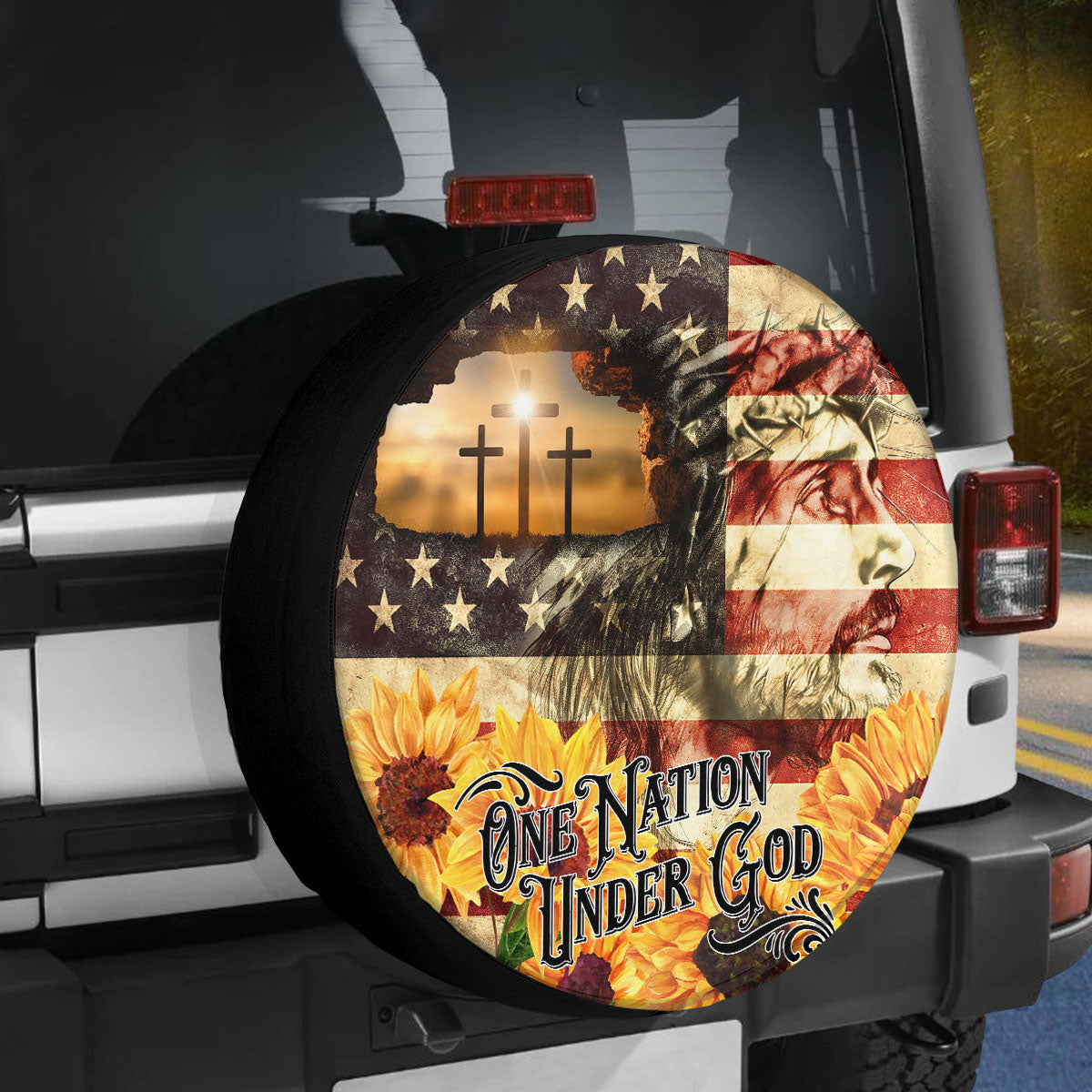 Jesus Sunflower One Nation Under God Usa Flag Spare Tire Cover - Christian Tire Cover