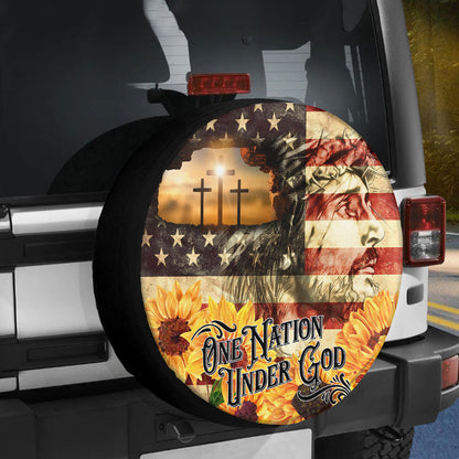Jesus Sunflower One Nation Under God Usa Flag Spare Tire Cover - Christian Tire Cover