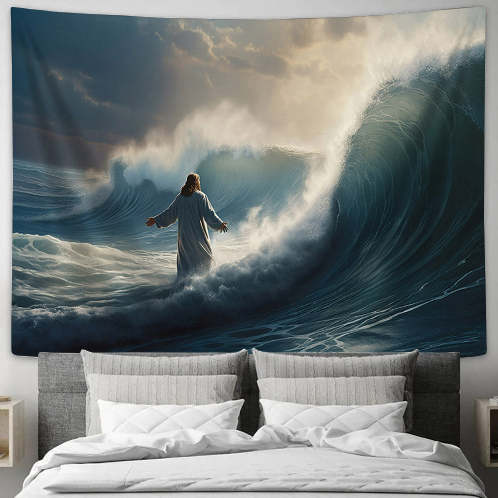Jesus Walking On A Wave In The Night Tapestry - Bible Verse Tapestry