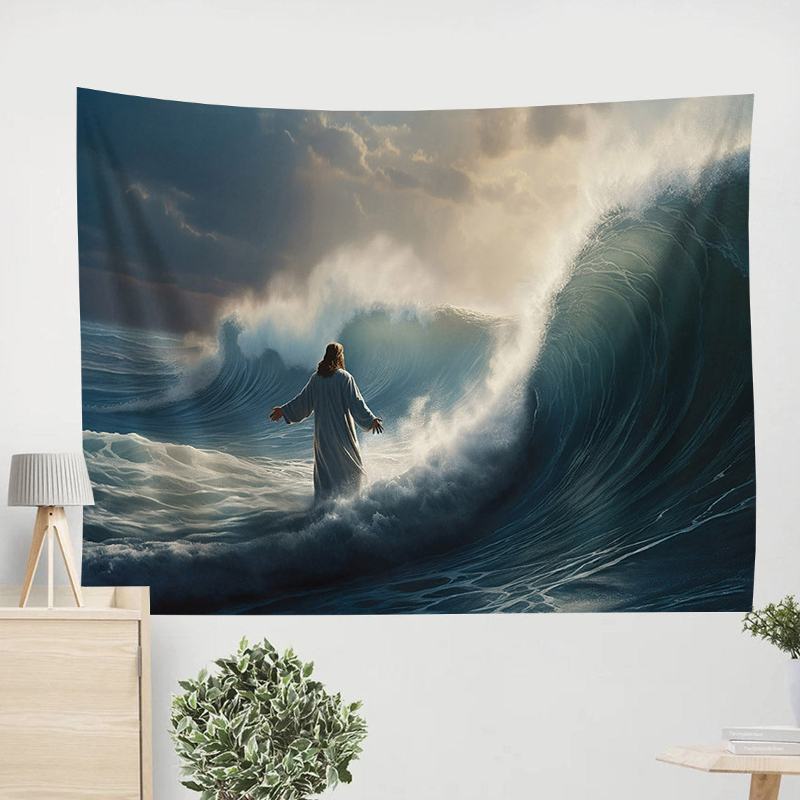 Jesus Walking On A Wave In The Night Tapestry - Bible Verse Tapestry