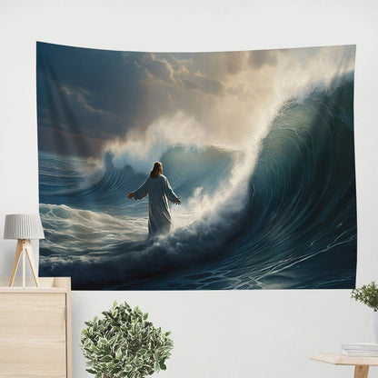 Jesus Walking On A Wave In The Night Tapestry - Bible Verse Tapestry