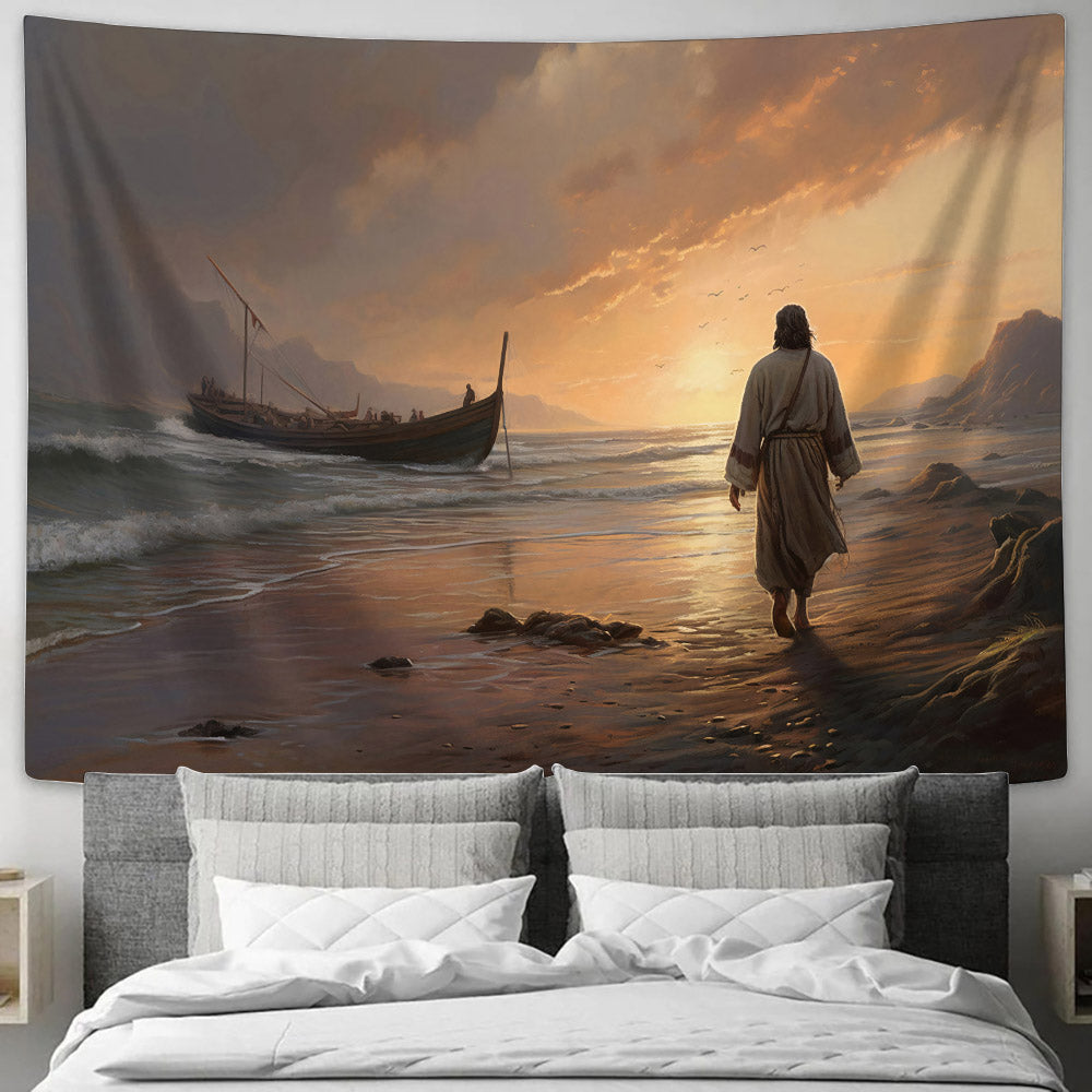 Jesus Walking On The Beach Tapestry - Christian Wall Tapestries